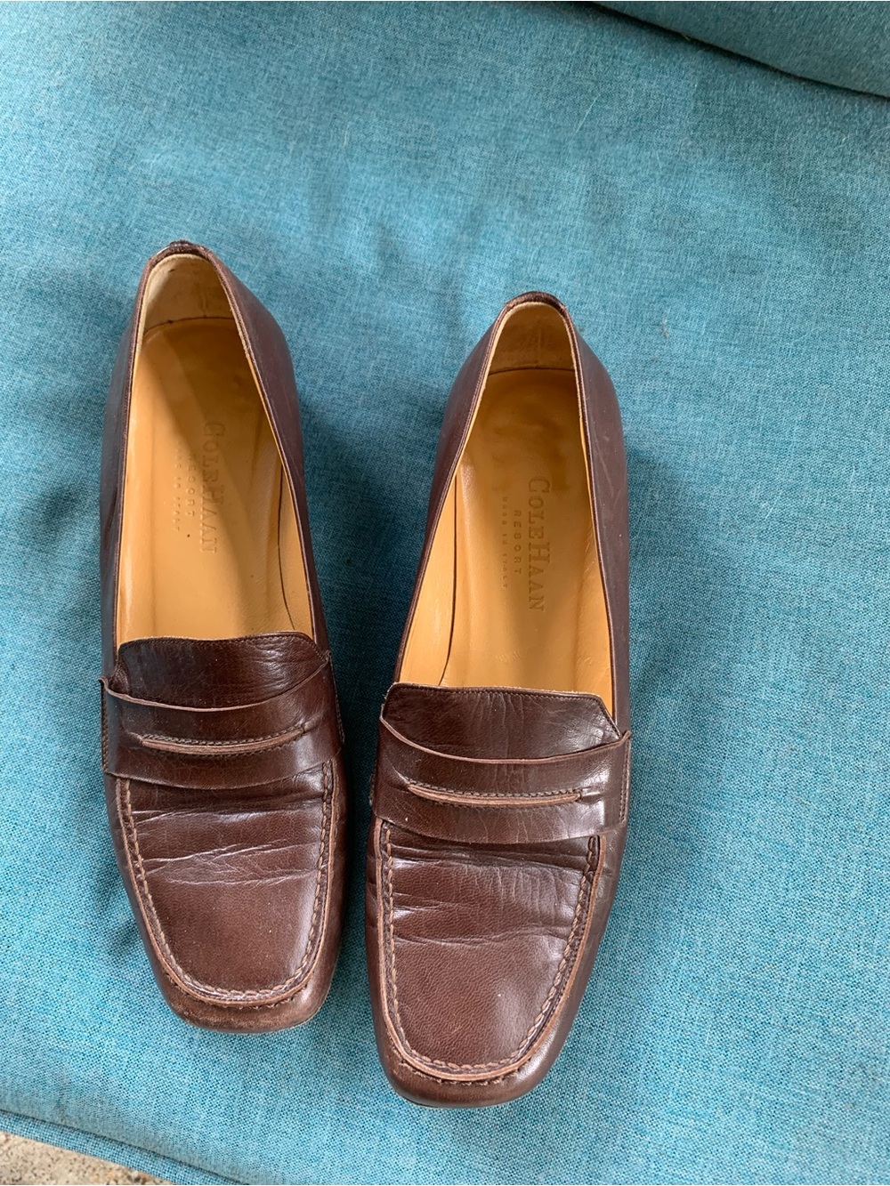 Cole Haan Dark Brown Leather Penny Loafers, square toe, 7